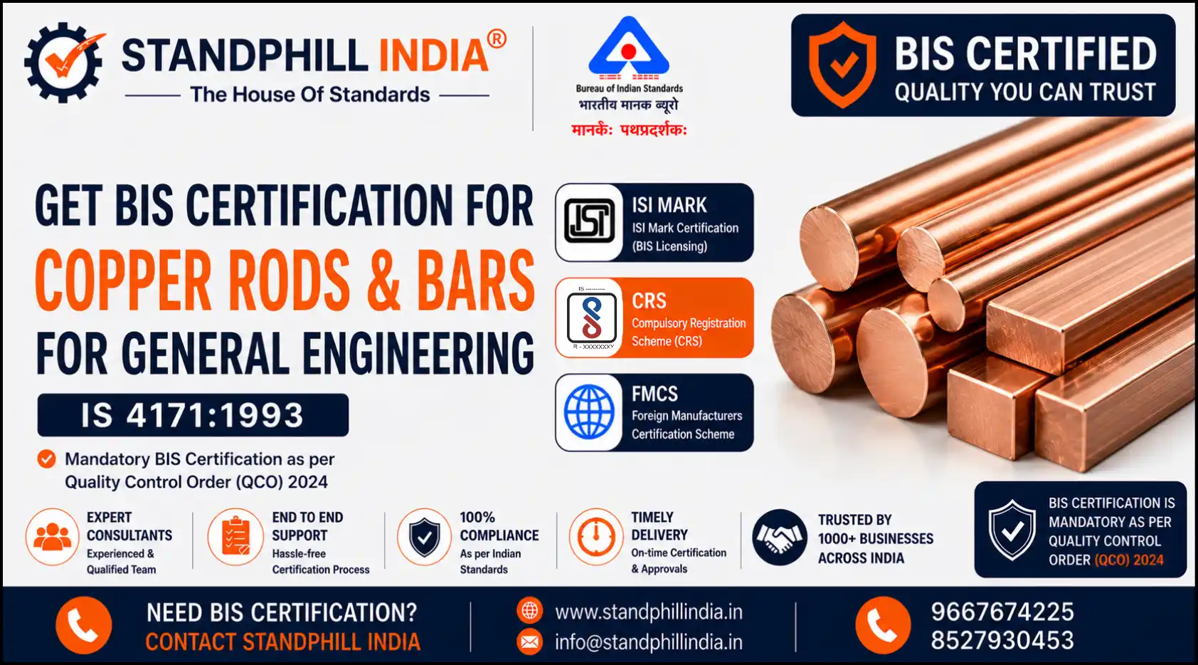 BIS Certification for Copper Rods and Bars for General Engineering IS 4171 - ISI Mark - Standphill India