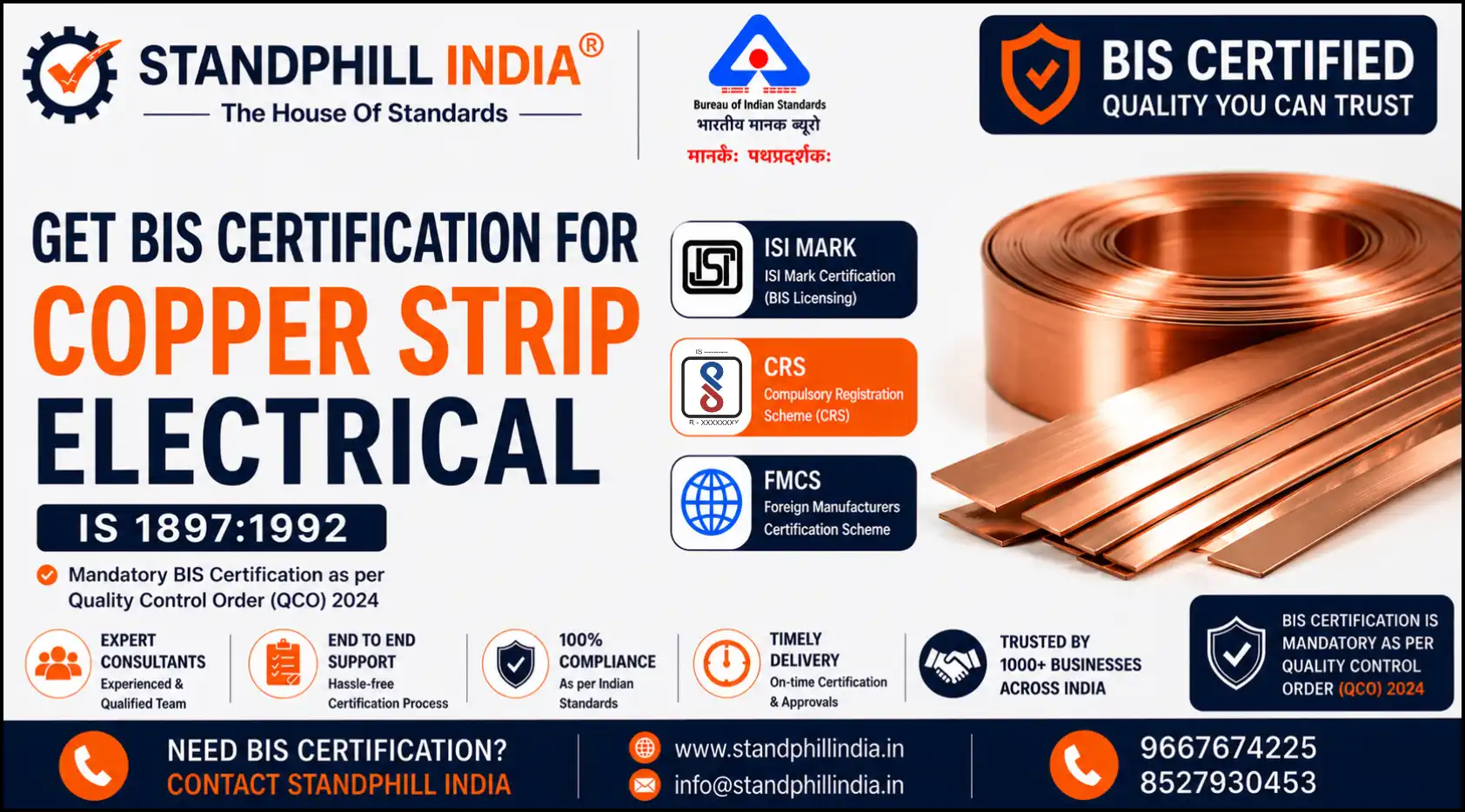 BIS Certification for Copper Strip for Electrical Purposes IS 1897 - ISI Mark - Standphill India