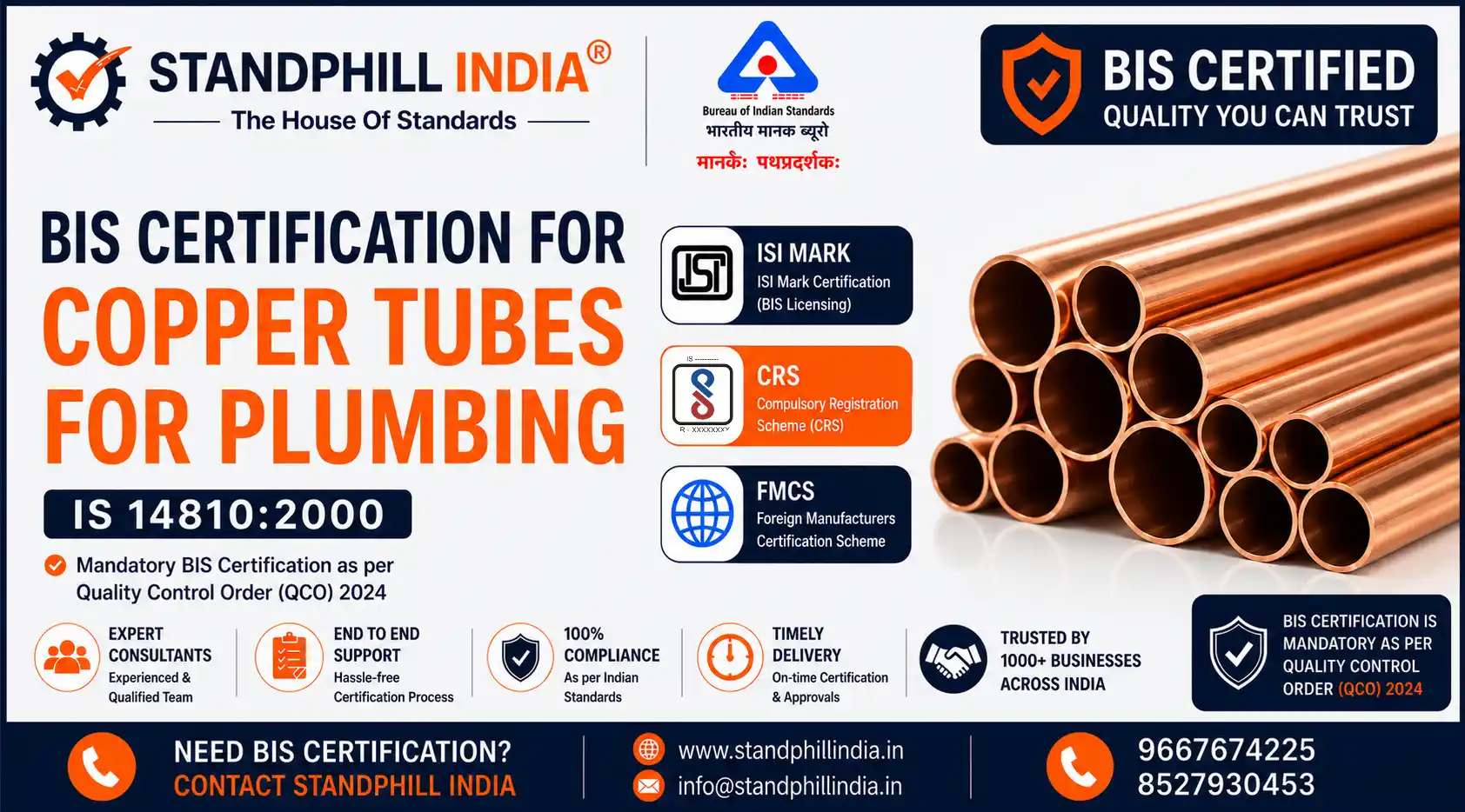 BIS Certification for Copper Tubes for Plumbing IS 14810 - ISI Mark - Standphill India