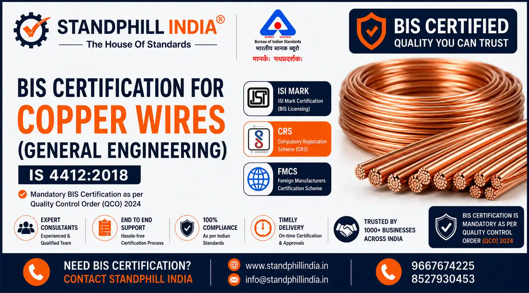 BIS Certification for Copper Wires for General Engineering Purposes IS 4412 - ISI Mark - Standphill India