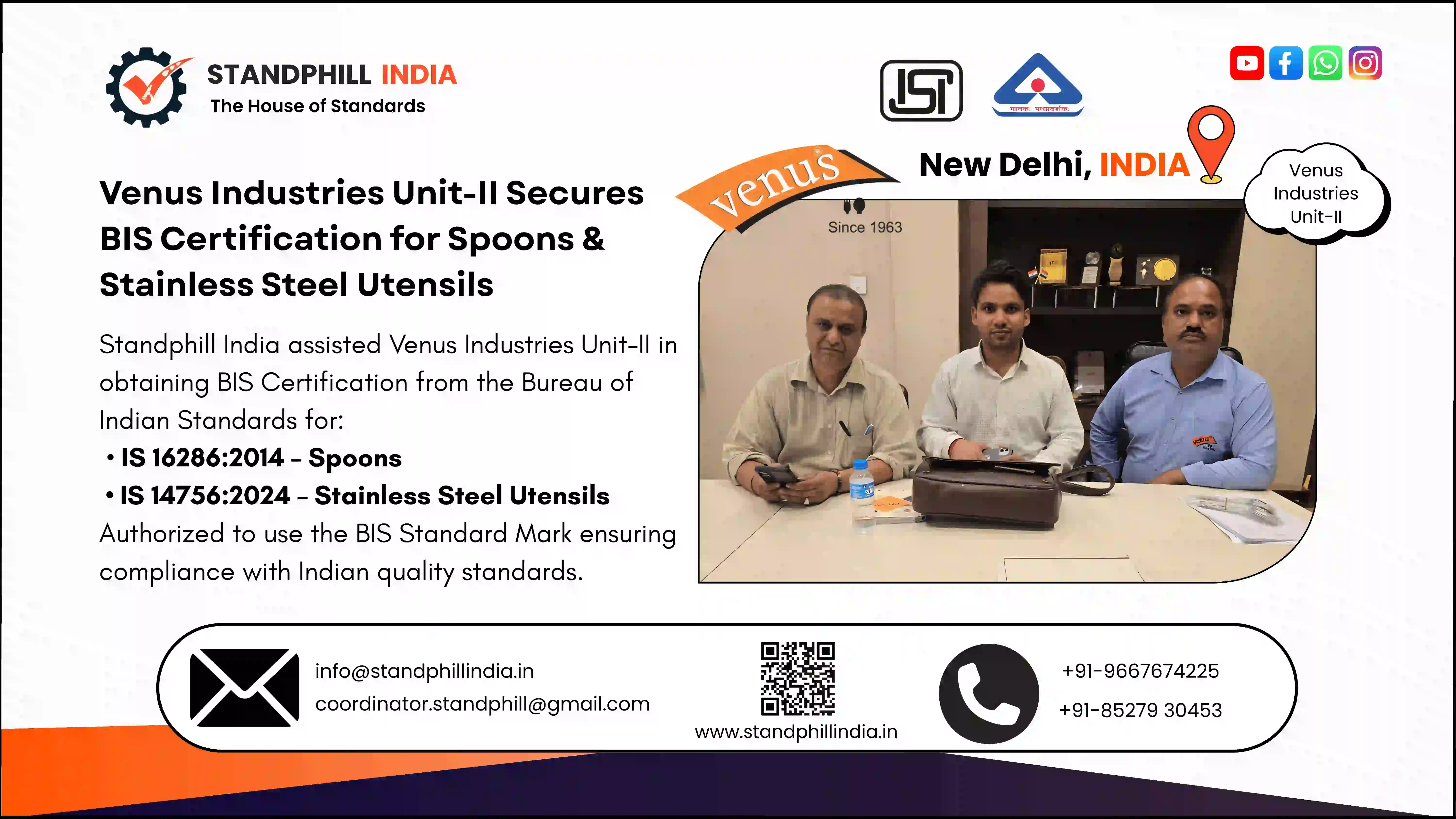 standphill india assist venus pvt ltd to get bis certification